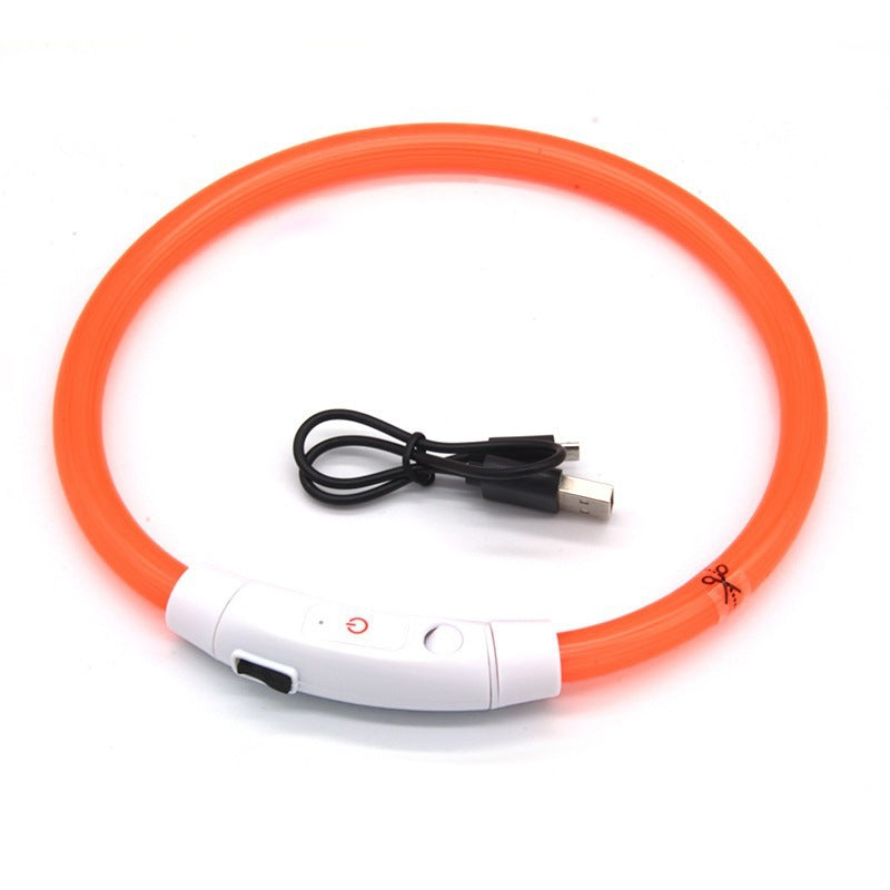 USB rechargeable LED silicone dog collar in Blue Fibre Optic, close-up detail