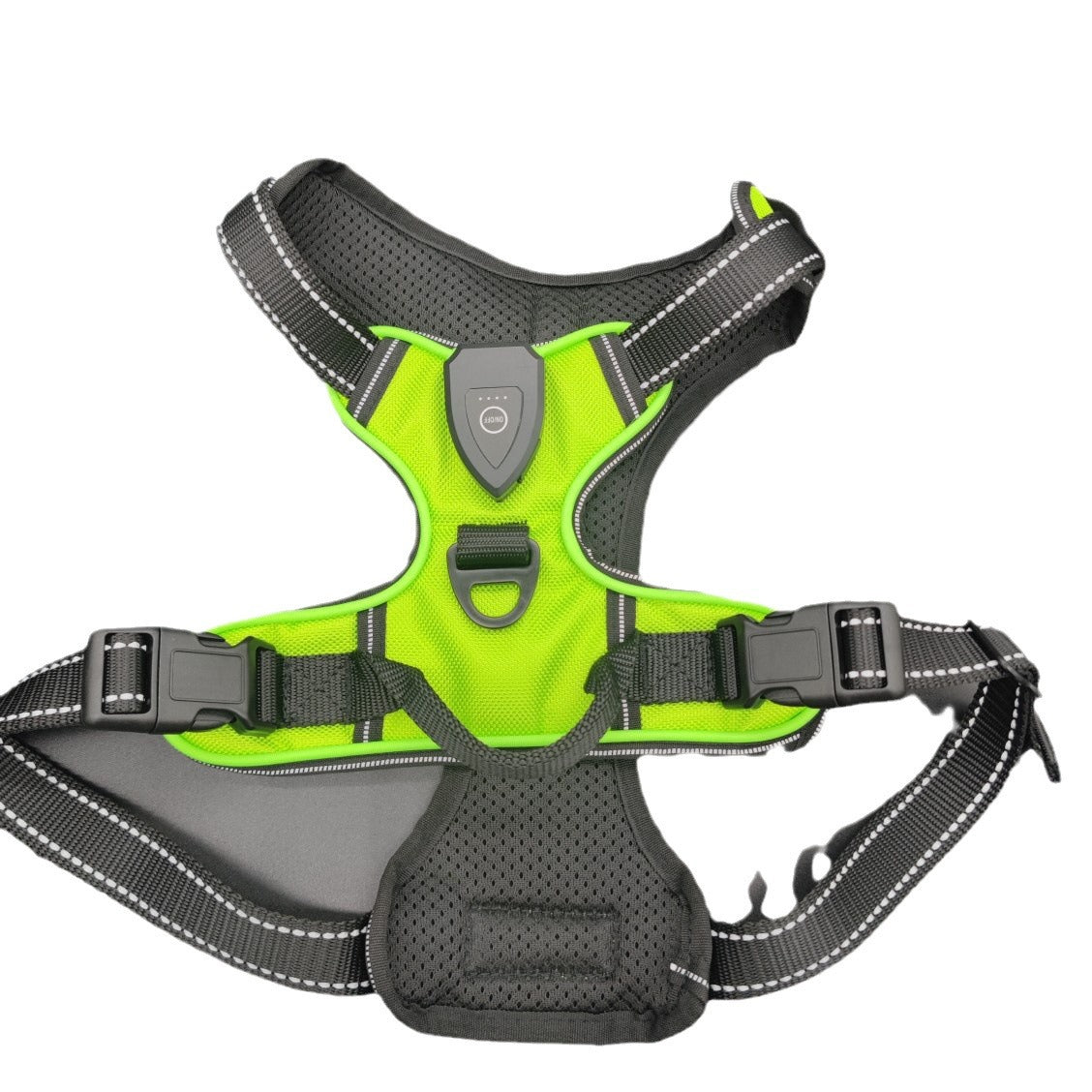 Light up fibre optic dog harness glowing at night, view 3