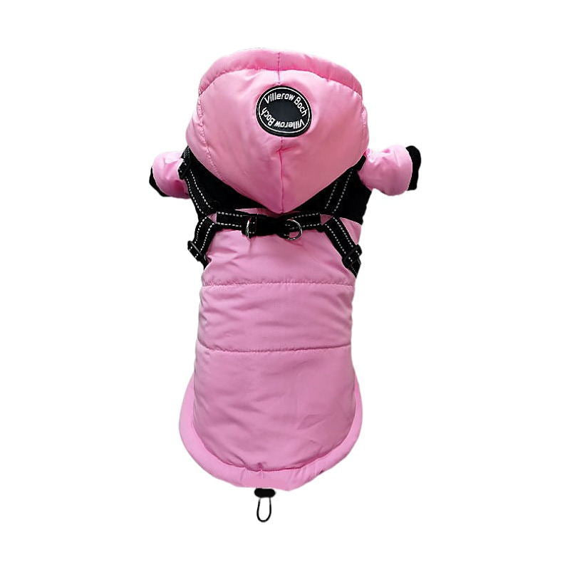 Hooded waterproof dog jacket with built-in harness in Pink, in use with a pet