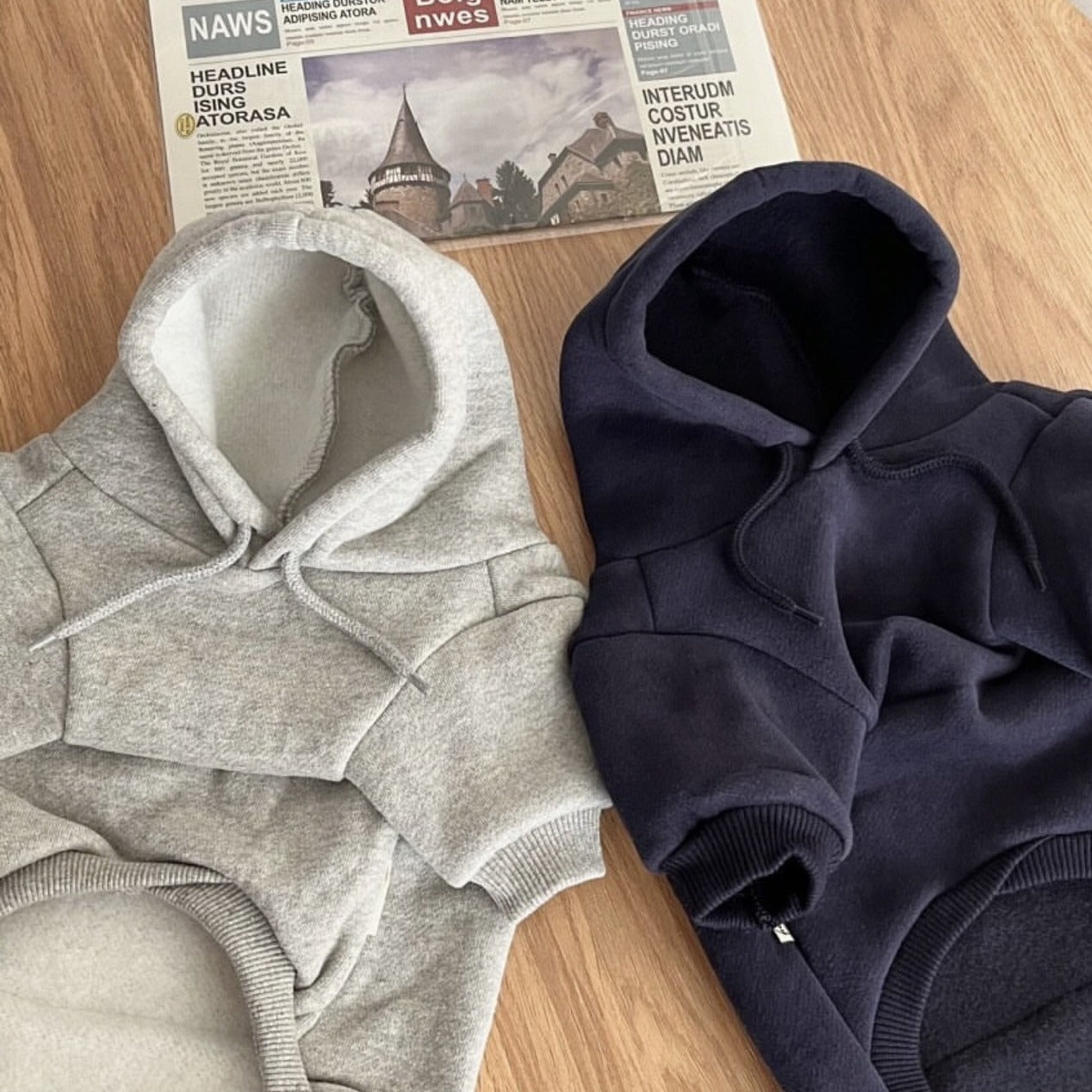 Fleece lined hooded sweatshirt for small dogs and cats in Navy Blue, close-up detail