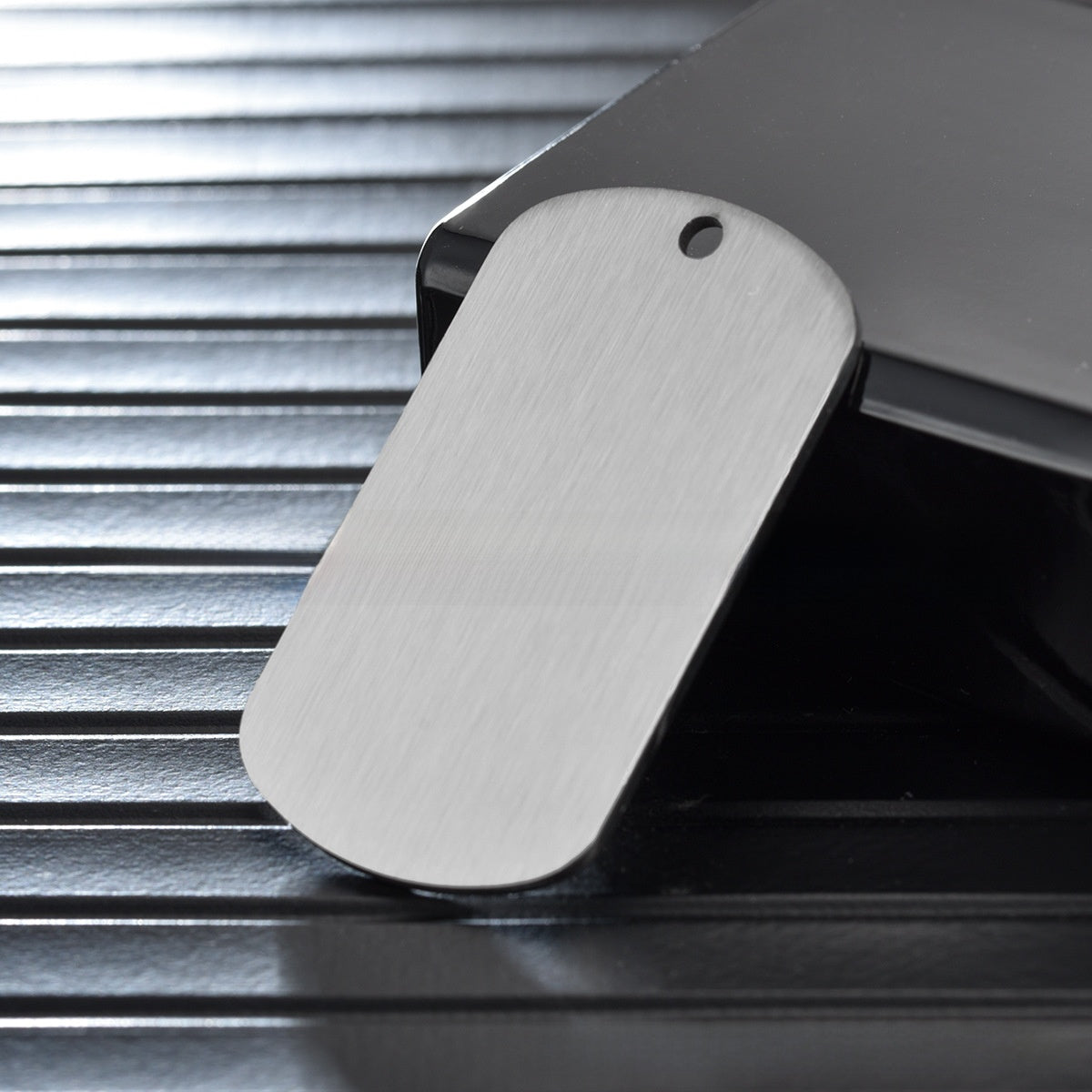 Blank brushed stainless steel pet ID tag in a military shape, product image 4