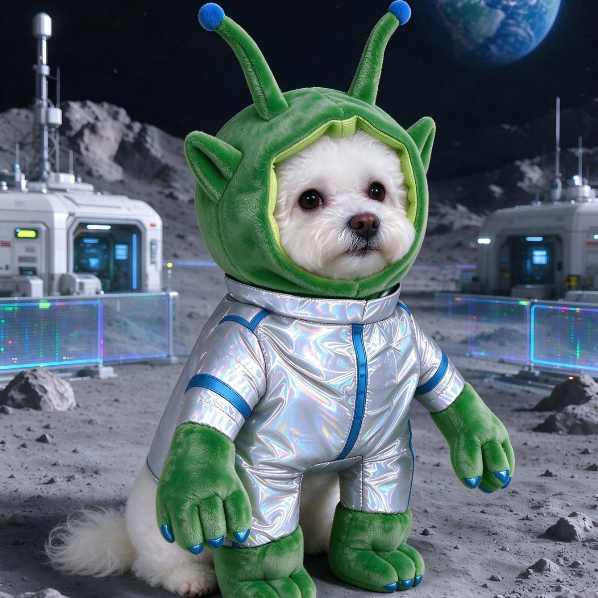 Small dog dressed in a funny green alien costume
