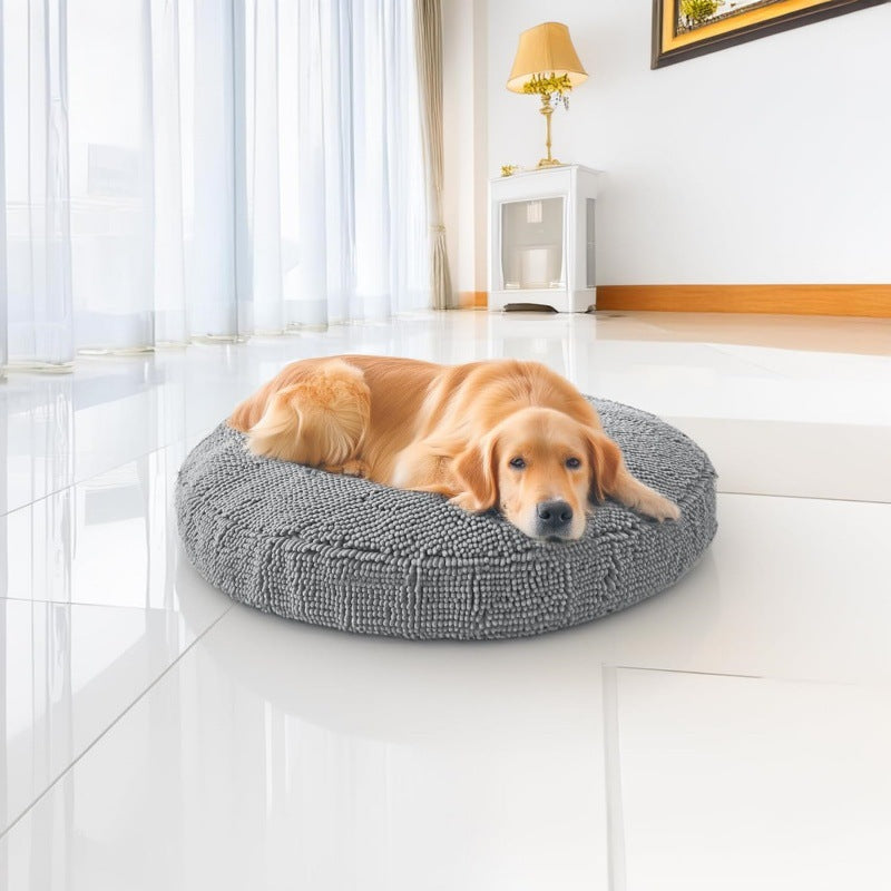 Chenille donut pet bed in khaki with raised rim