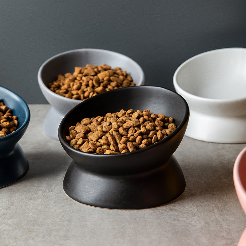 White raised ceramic pet bowl with tilted rim, photo 3