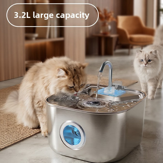 2.5L Stainless Steel Pet Water Fountain with Round Window, 4-Stage Filter and USB Power
