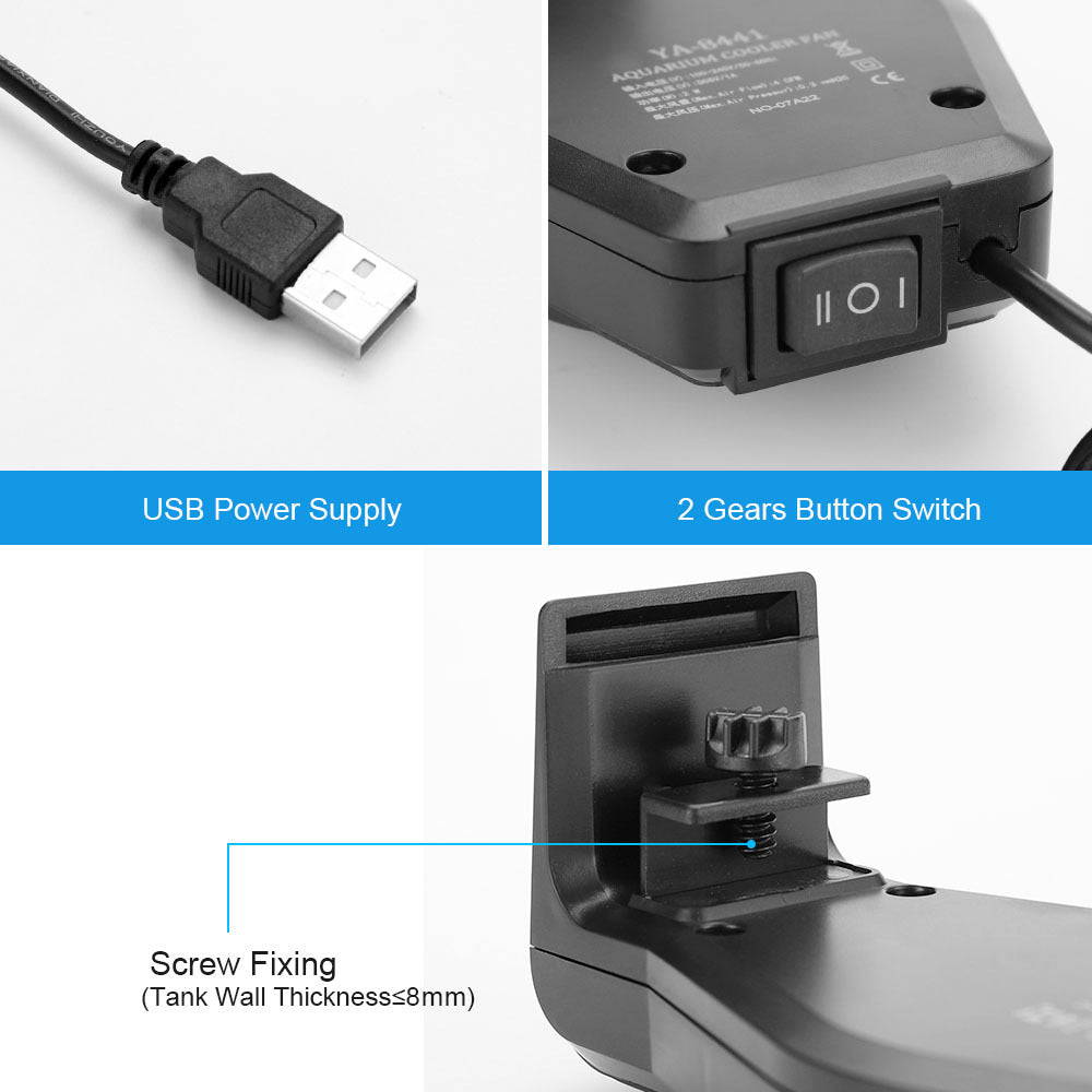 USB Aquarium Cooling Fan with Two Speeds and Adjustable Clip for Fish Tanks