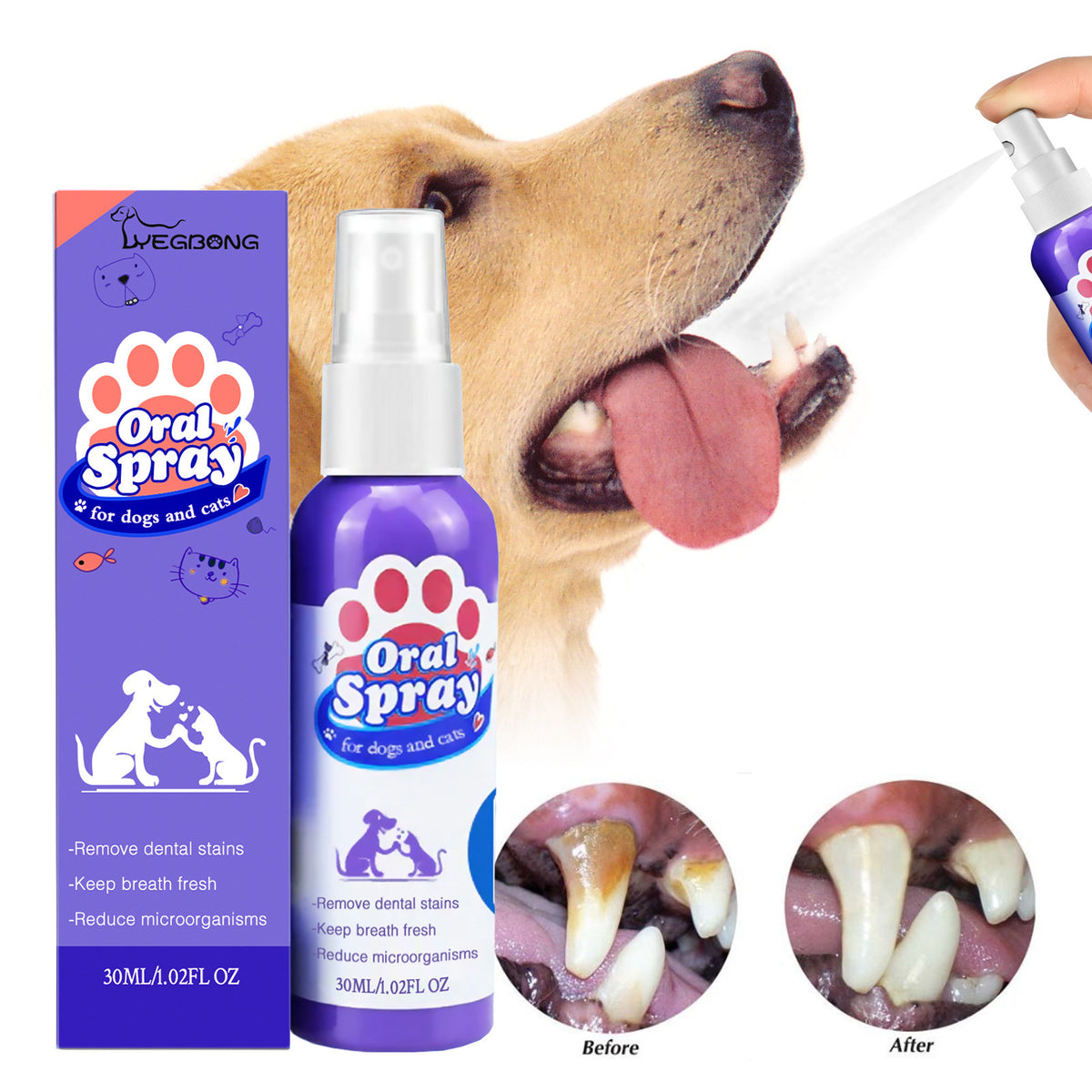 Pet Dental Spray for Dogs and Cats, Stain and Plaque Breath Care