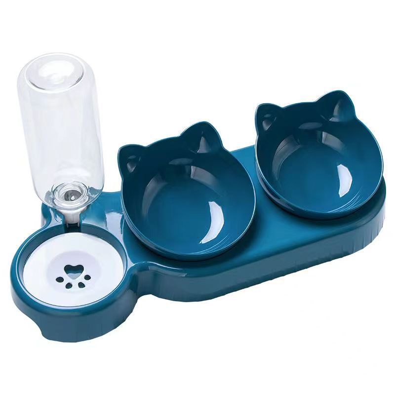 Clear raised cat feeding station with dark blue base
