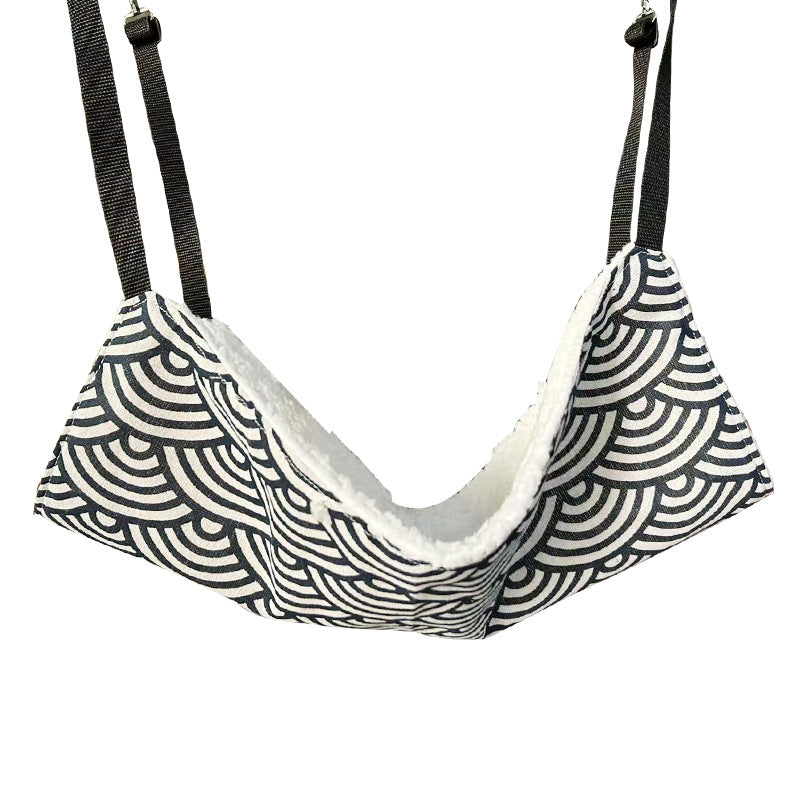 Hanging cat cage hammock with fishbone cat fleece print
