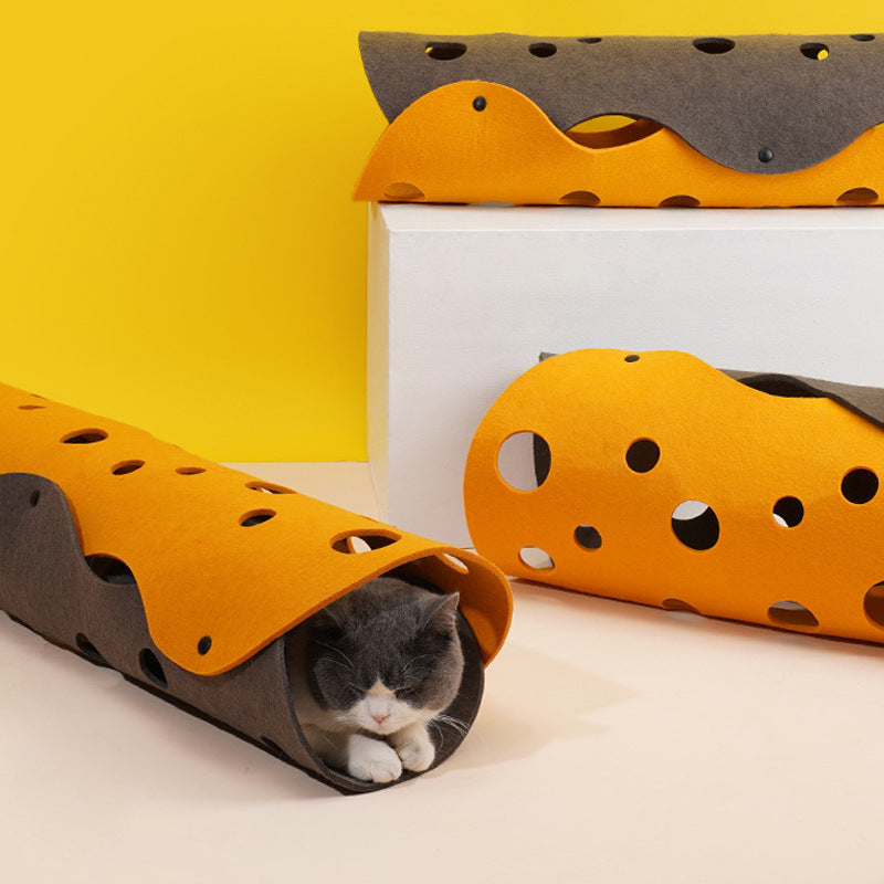 DIY felt cat tunnel nest in yellow and blue