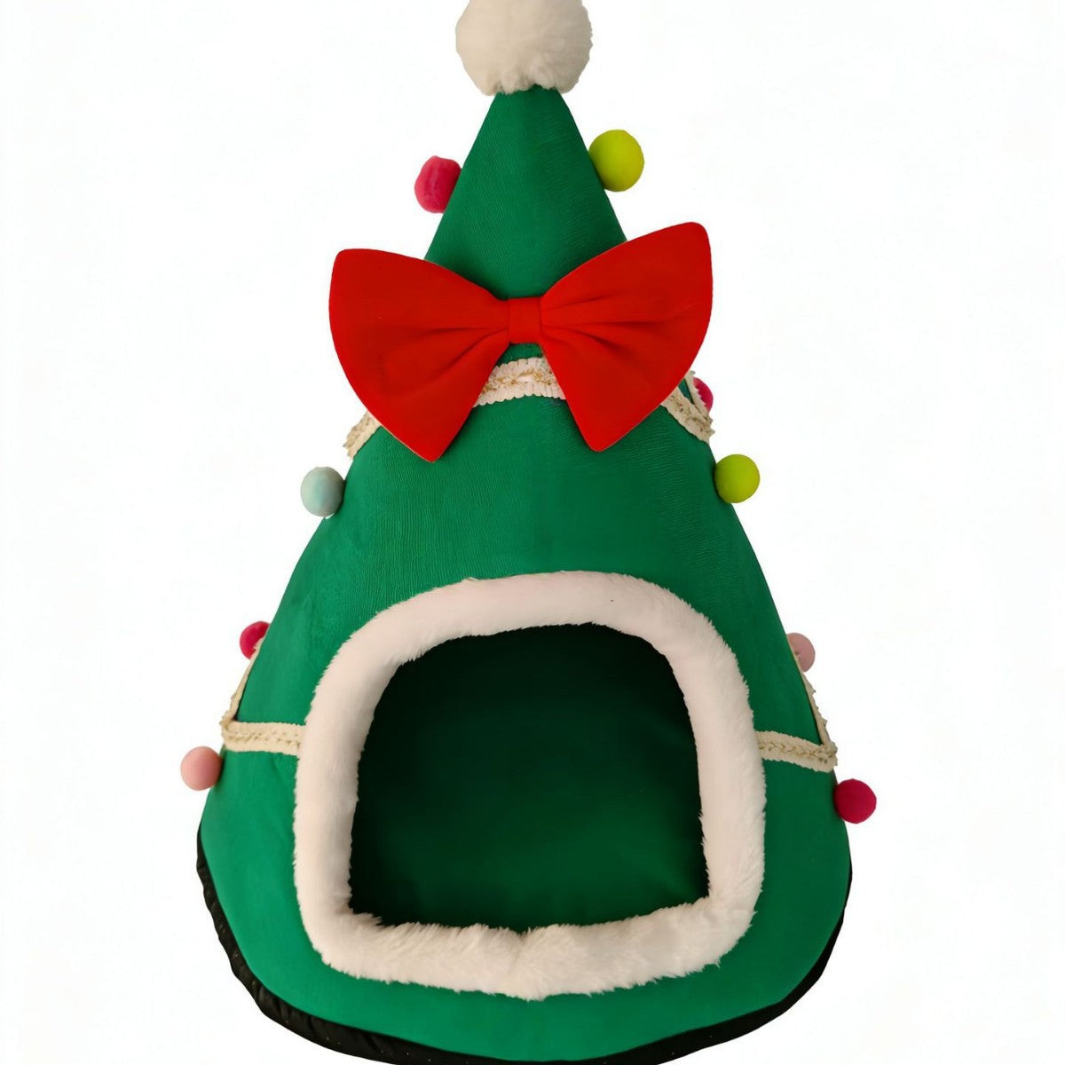 Red Christmas cat bed with bow and tree print, view 5