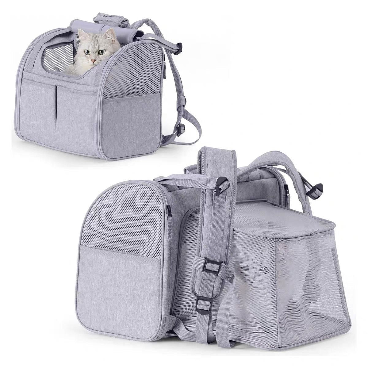 Light brown expandable pet carrier backpack with mesh panels, view 7