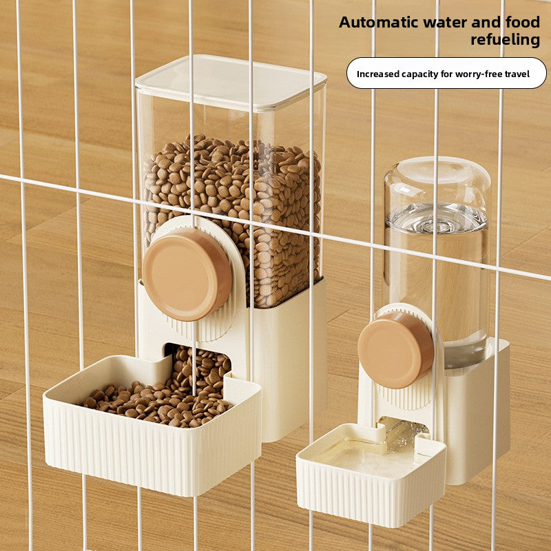 Hanging gravity pet feeder and water dispenser for cages in two tone colours, view 1