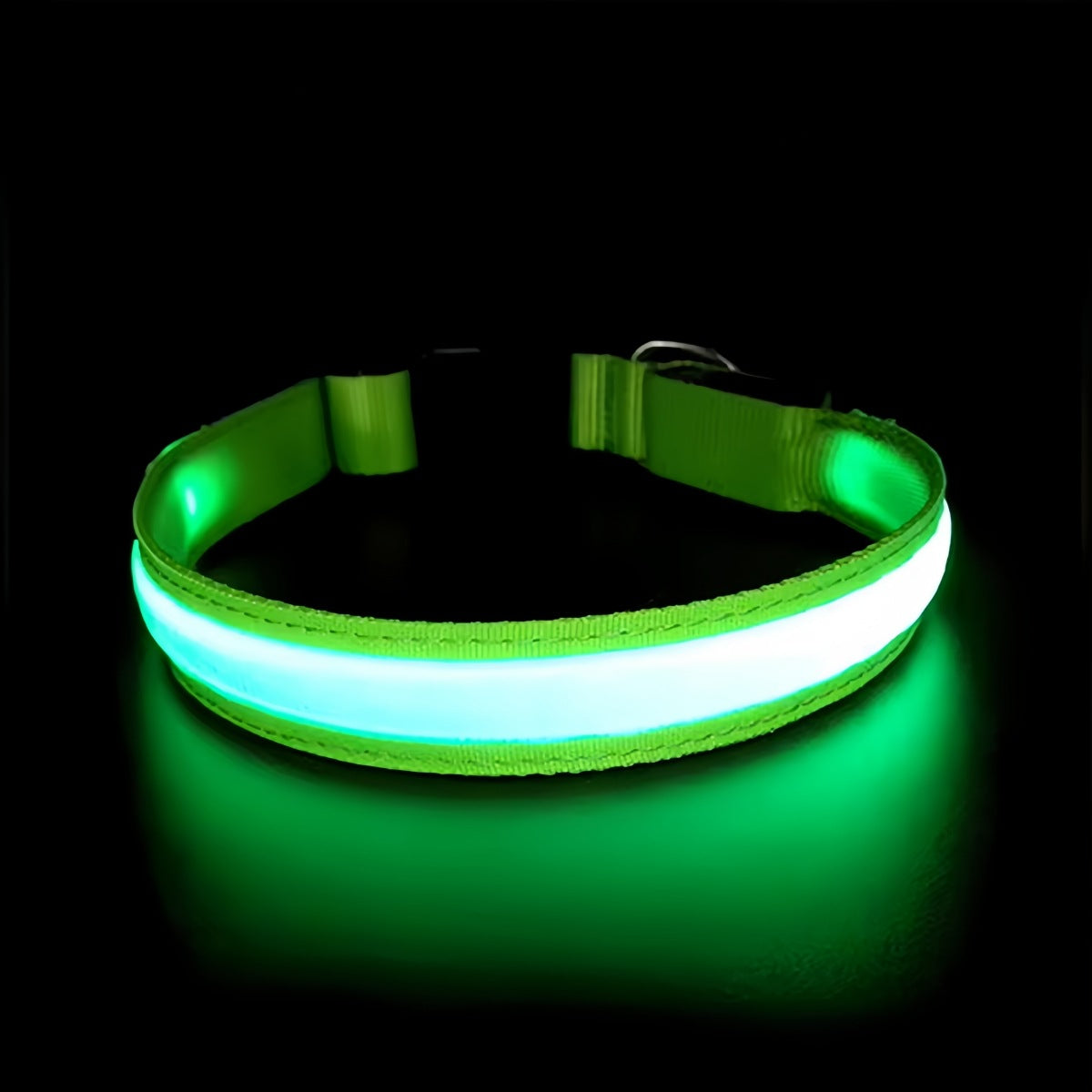 LED light up dog collar with breakaway buckle in Green, close-up detail