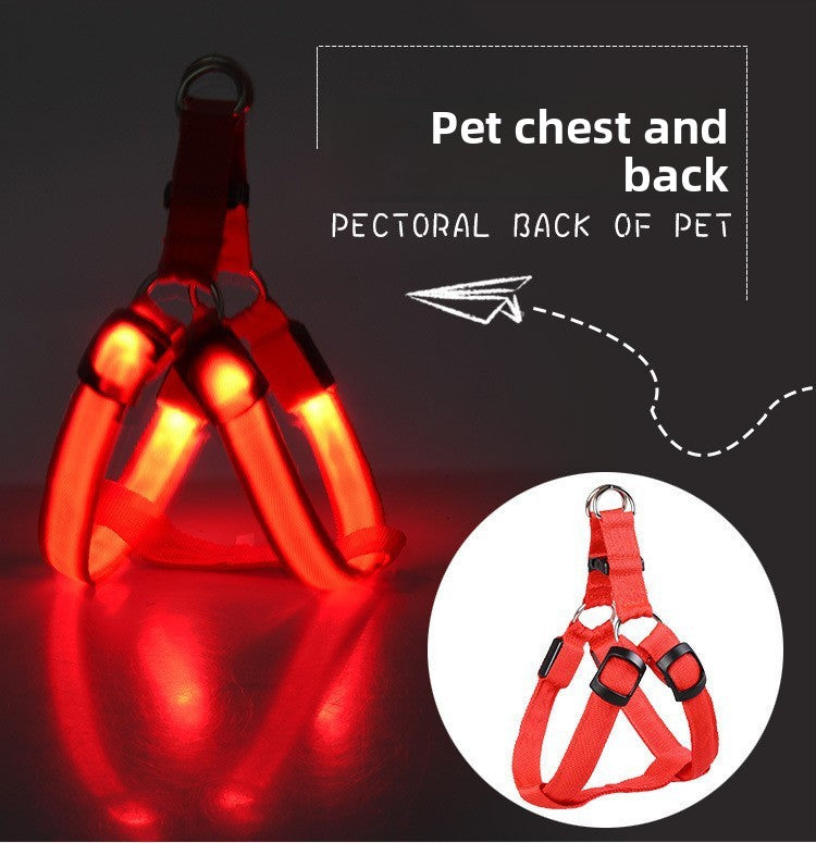 Light up dog harness with reflective strap shown in seven colours