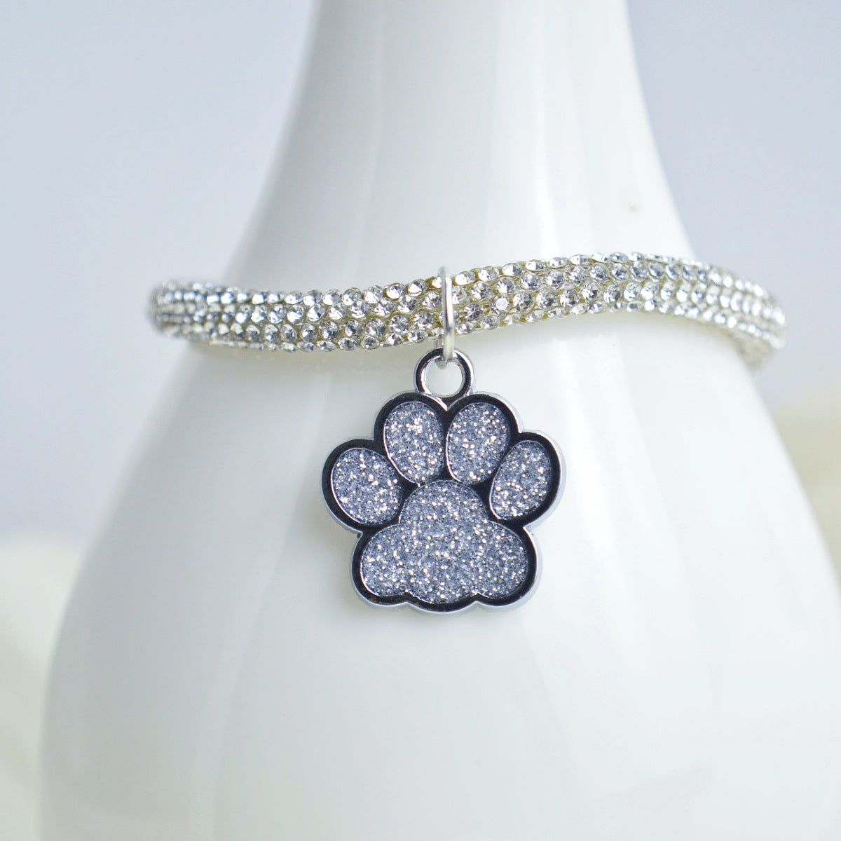 Sparkly silver chain necklace collar with paw charm for small dogs