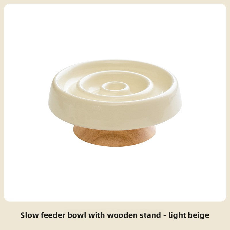 Round Ceramic Slow Feeder Bowl 15.5cm with Raised Pattern and Optional Wooden Base
