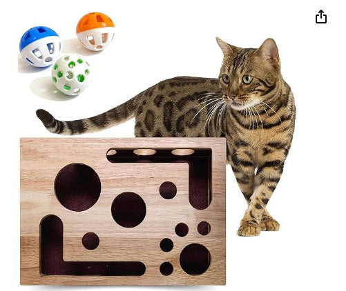 Solid wood cat maze puzzle toy with balls, extra detail view