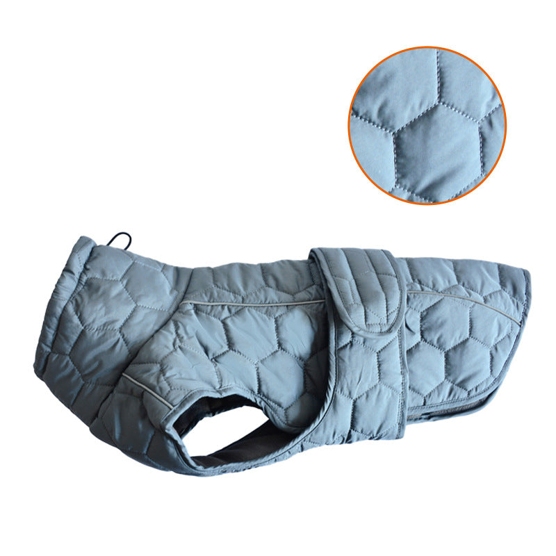 Thick water-repellent dog jacket with reflective trim in Olive, material detail