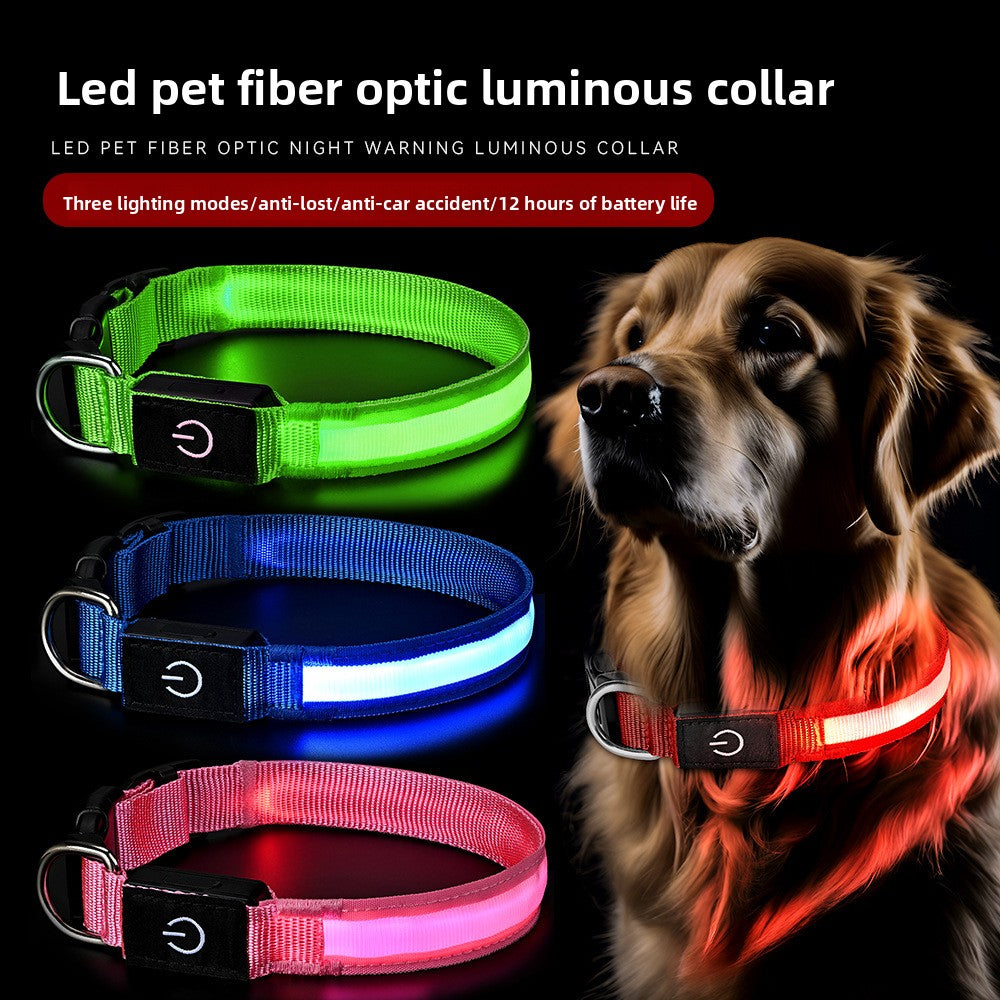 Rechargeable glowing nylon pet collar lit up at night, product image 1