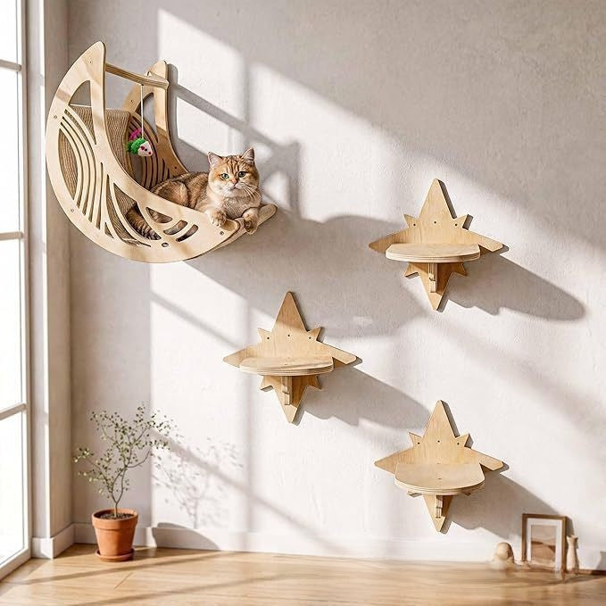 Wooden wall-mounted cat moon bed and star platforms in Moon Bed and Star Platform Set