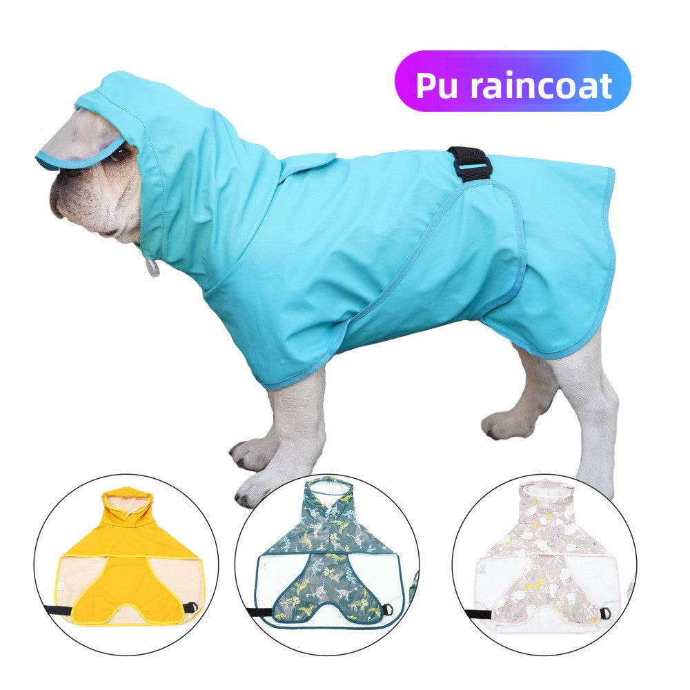 Waterproof PU dog raincoat cape with belly cover in Tie Blue, close-up detail