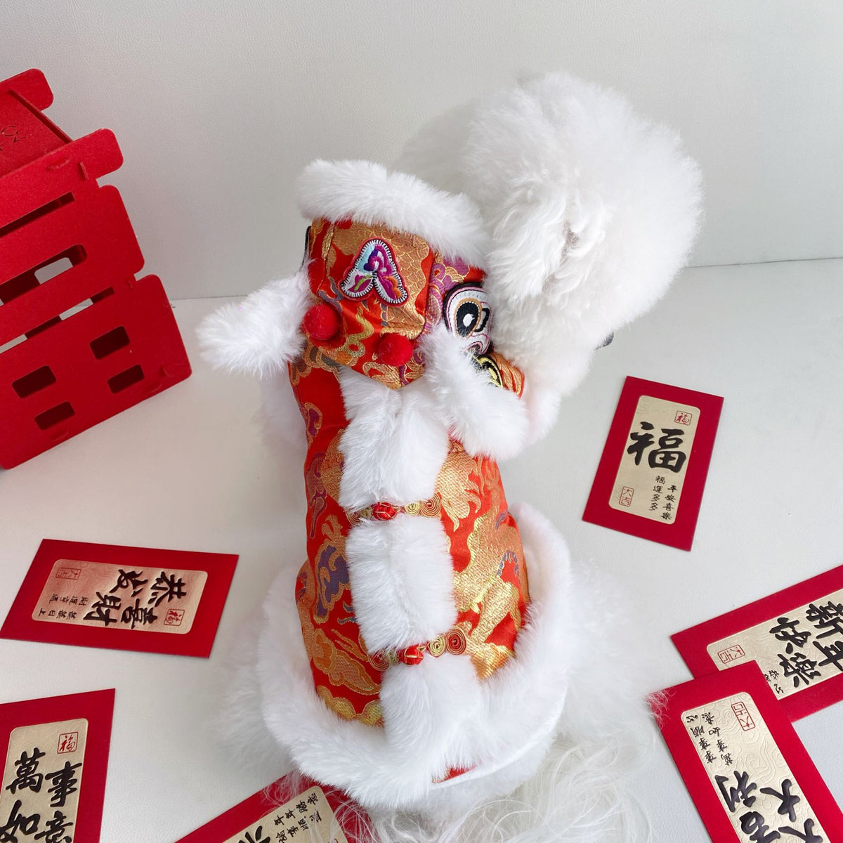 Hooded Tang suit New Year outfit for pets in Red Tassel, side view