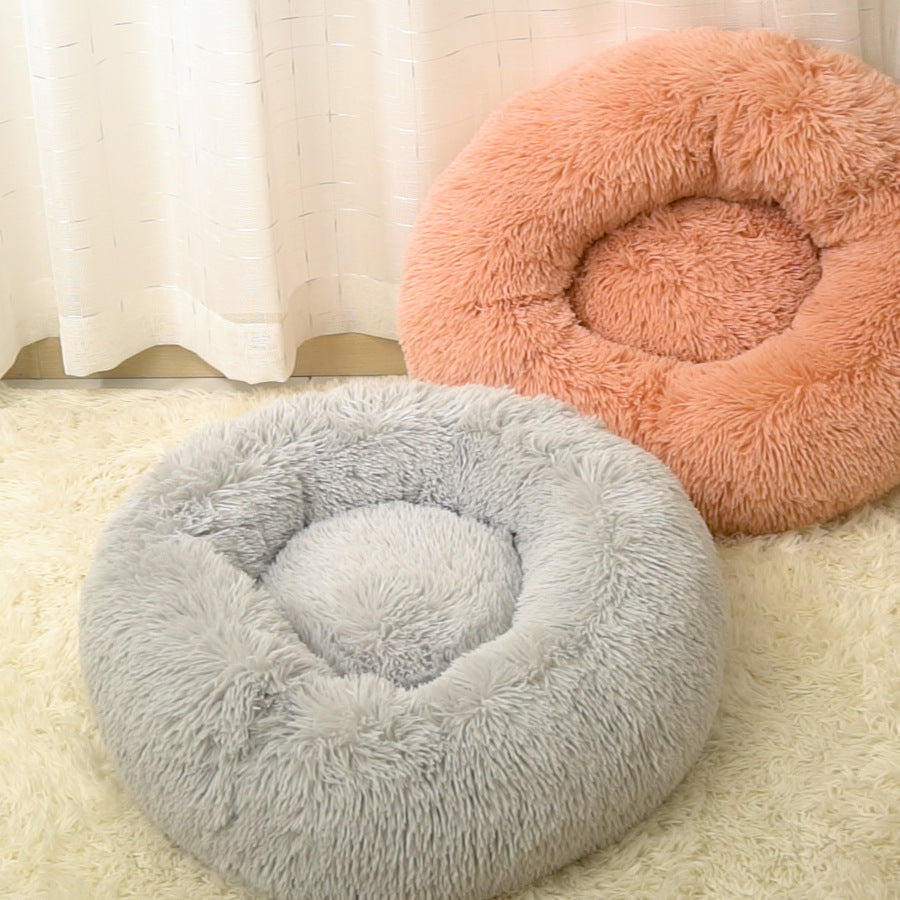 Light brown washable plush round pet bed with anti-slip base, photo 2