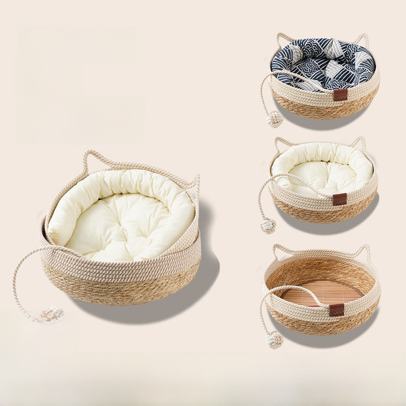 Woven rattan cat nest bed with white cotton pad, photo 2