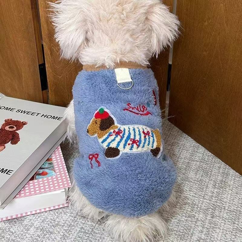 Thick fleece pet vests in white, pink and blue