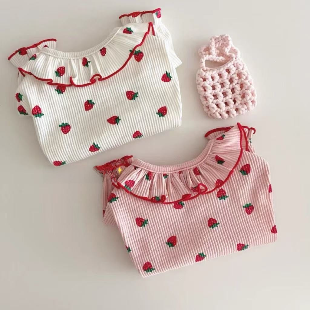 Strawberry print pet T-shirts in white and pink
