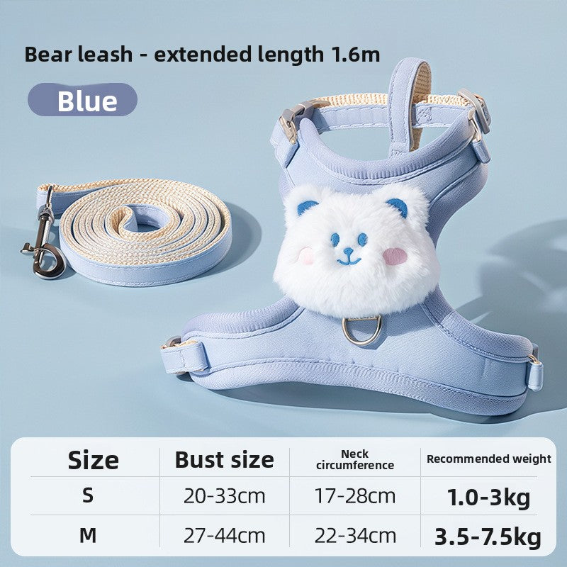 Blue bear vest harness on a small dog for safe everyday walks