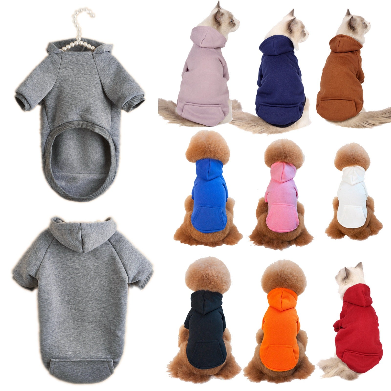 Small dog in a navy fleece lined hooded sweatshirt