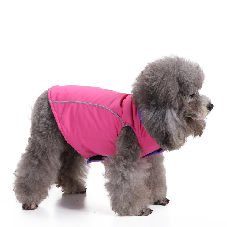 Windproof hooded dog jacket with zip front in Purple Style C, top view