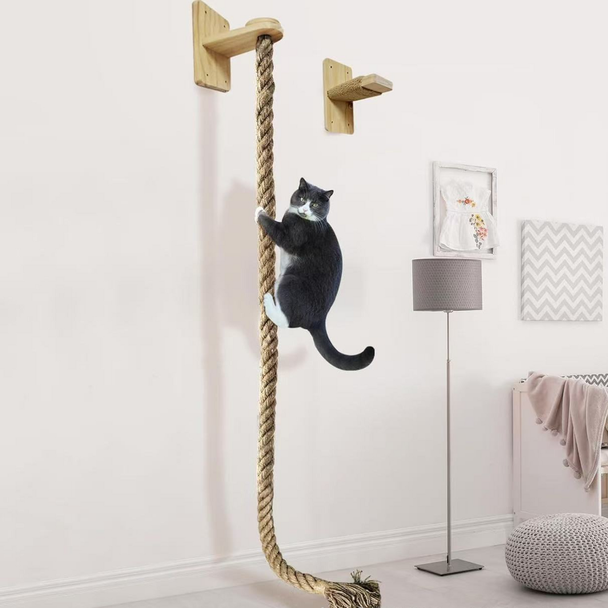 Wall-mounted wooden cat climbing tower with hemp rope, alternative angle view