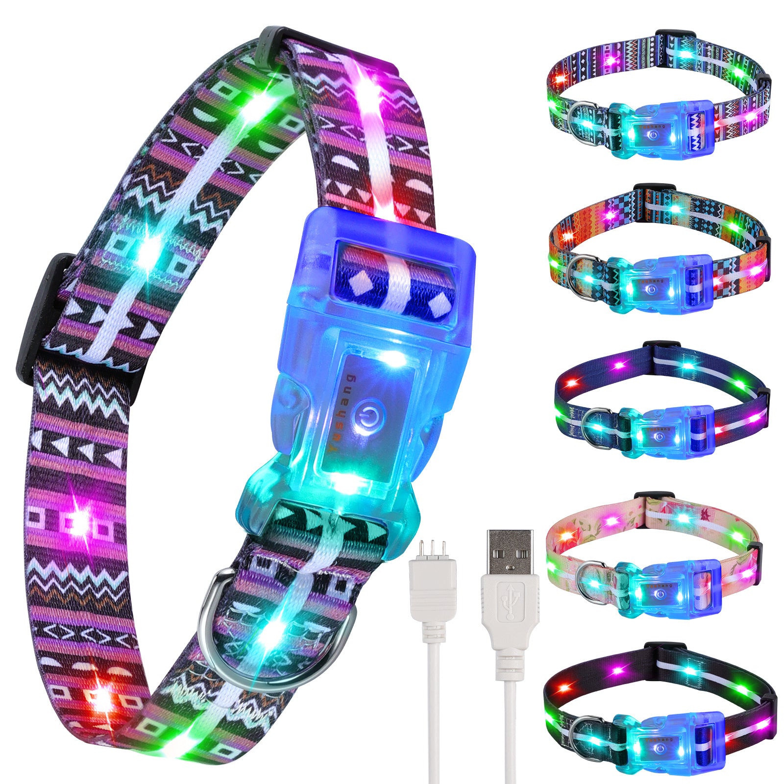 Patterned LED light up dog collar glowing pink at night