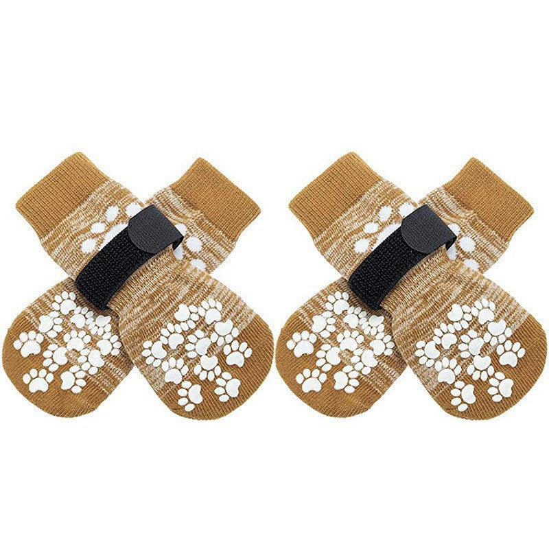Anti-slip knitted cotton dog socks with grip soles in Leopard Print, showing size and shape