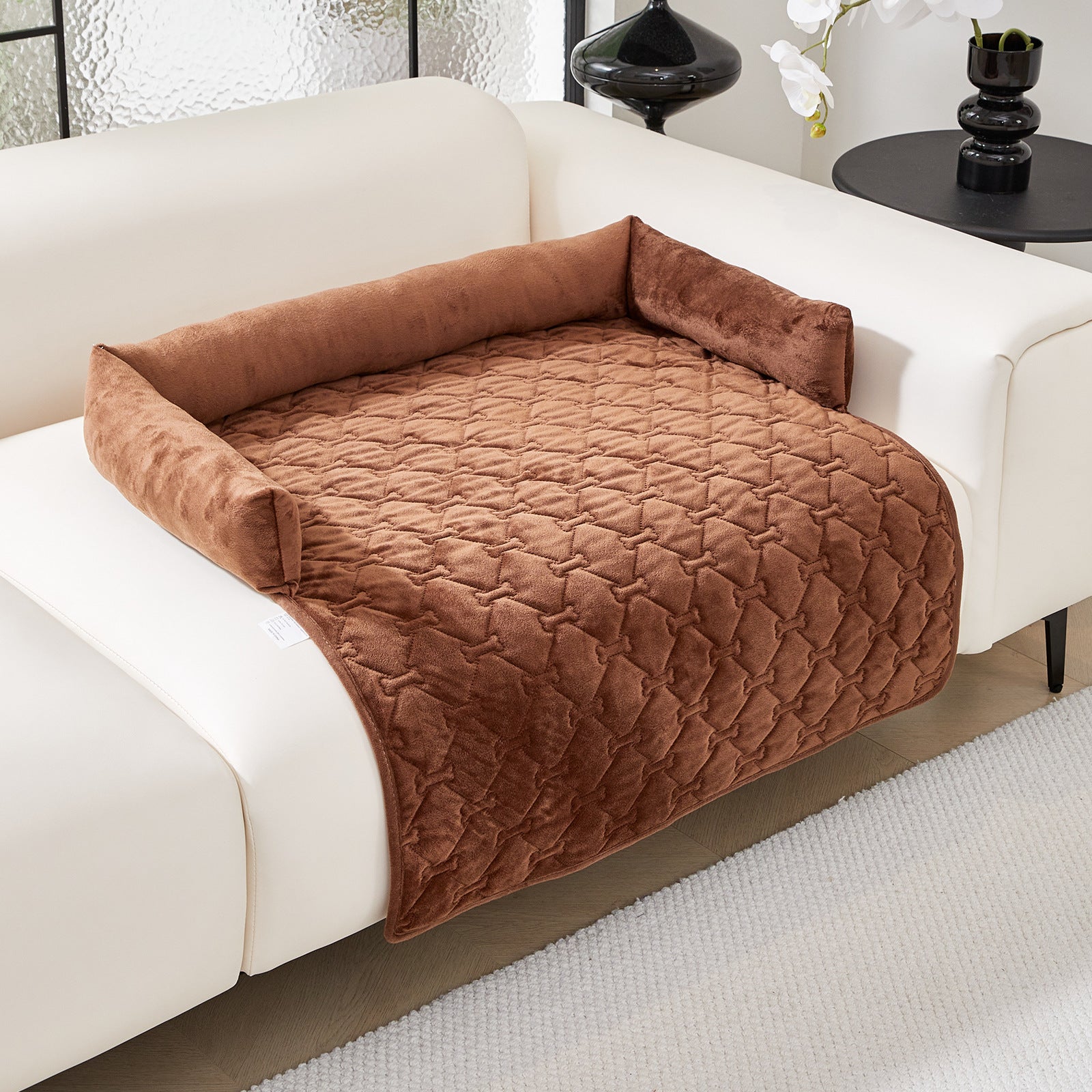 Large plush dog bed mat with pillow in Coffee, size 90 x 120cm