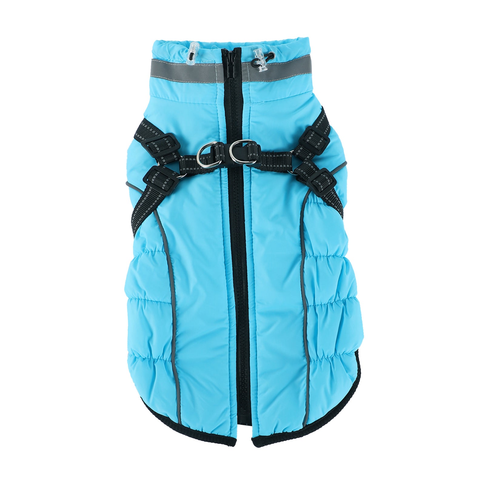 Fleece lined waterproof dog coat with reflective straps in Lake Blue, top view
