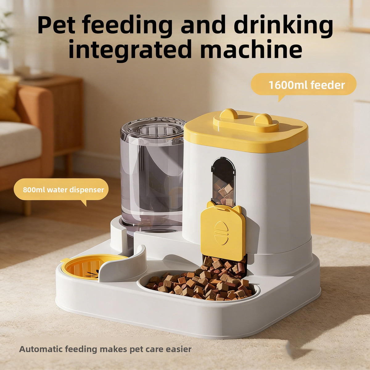 Automatic Pet Food and Water Dispenser with Gravity Feed, 2.3L Food and 1L Water Tank