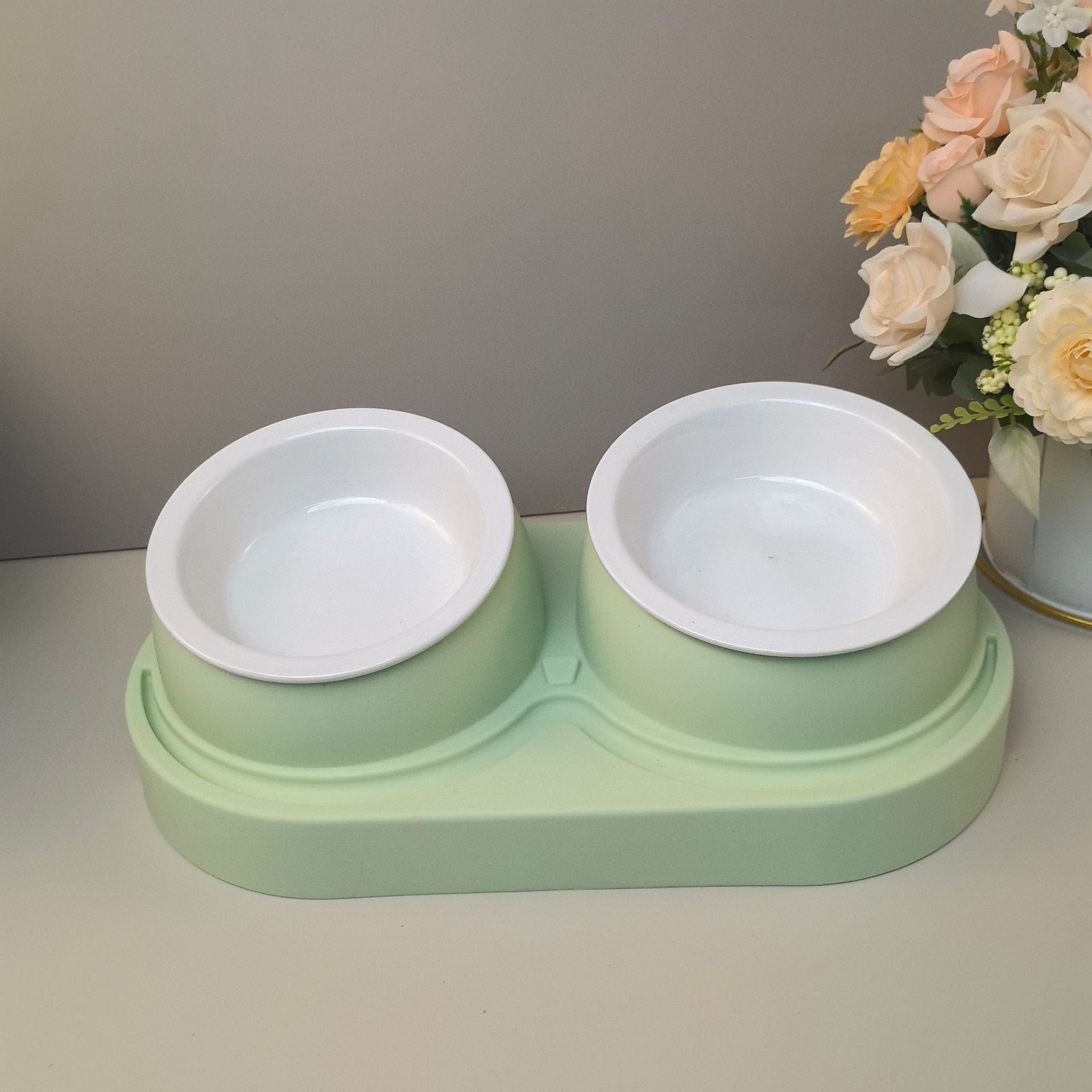 Slanted Double Pet Food and Water Bowl in Stainless Steel or Ceramic, Cat and Dog Designs