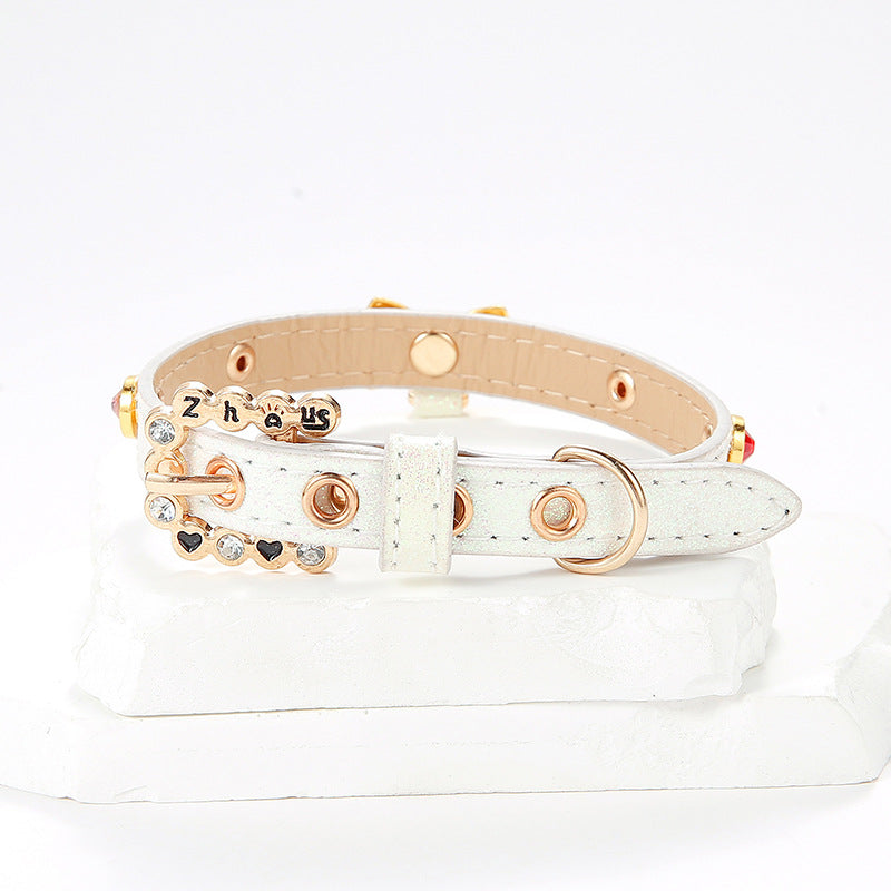 White PU cat collar with sparkly rhinestone bow, product image 3