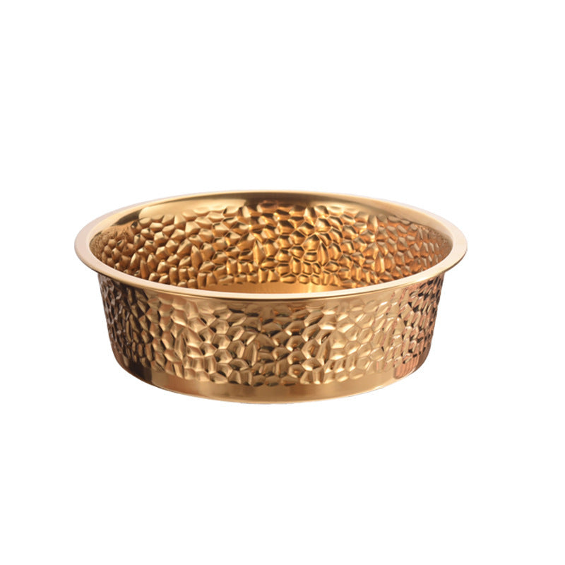 Gold stainless steel pet bowl with football pattern and non slip base, view 5