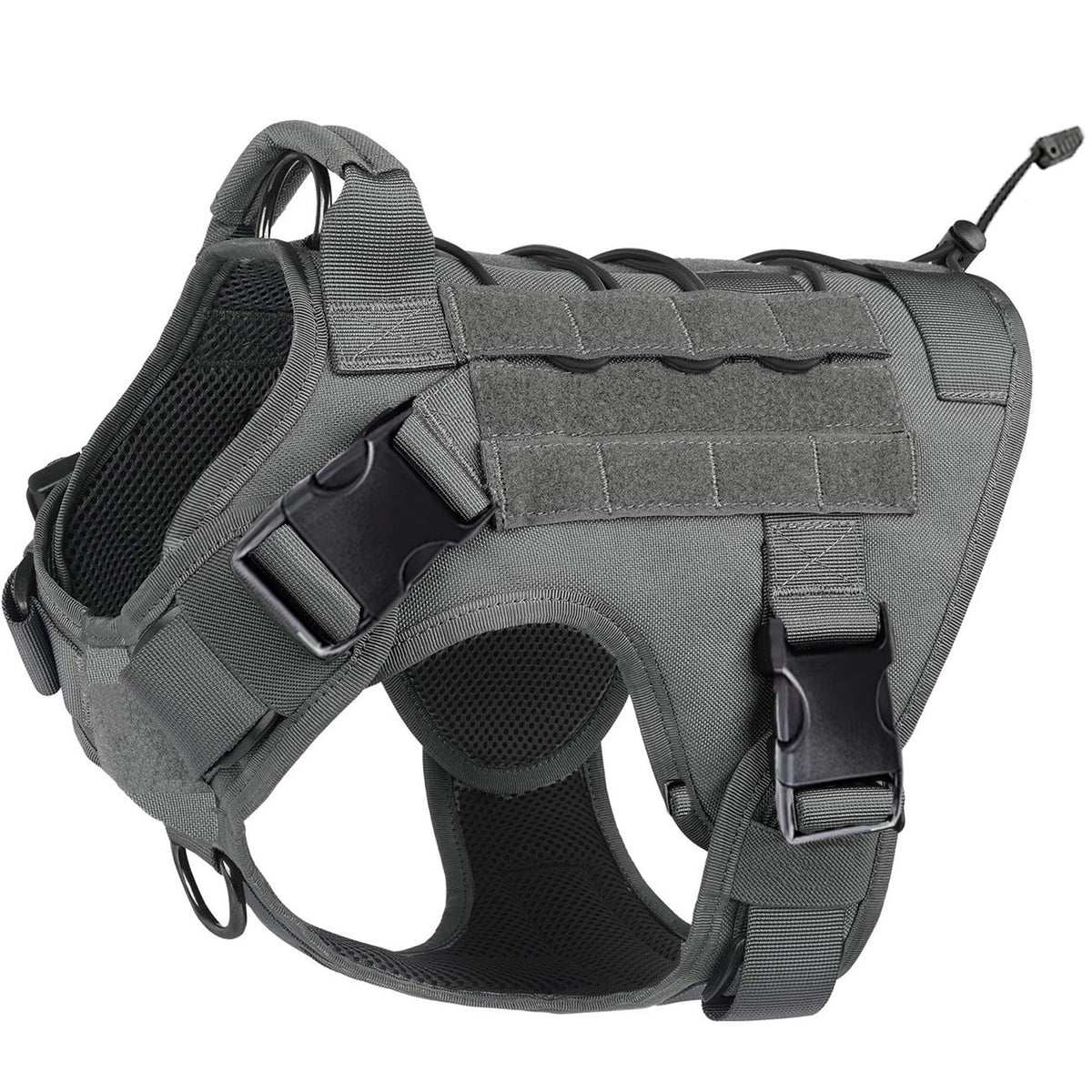 Tactical mesh dog harness with grab handle and reflective trim in black, view 10