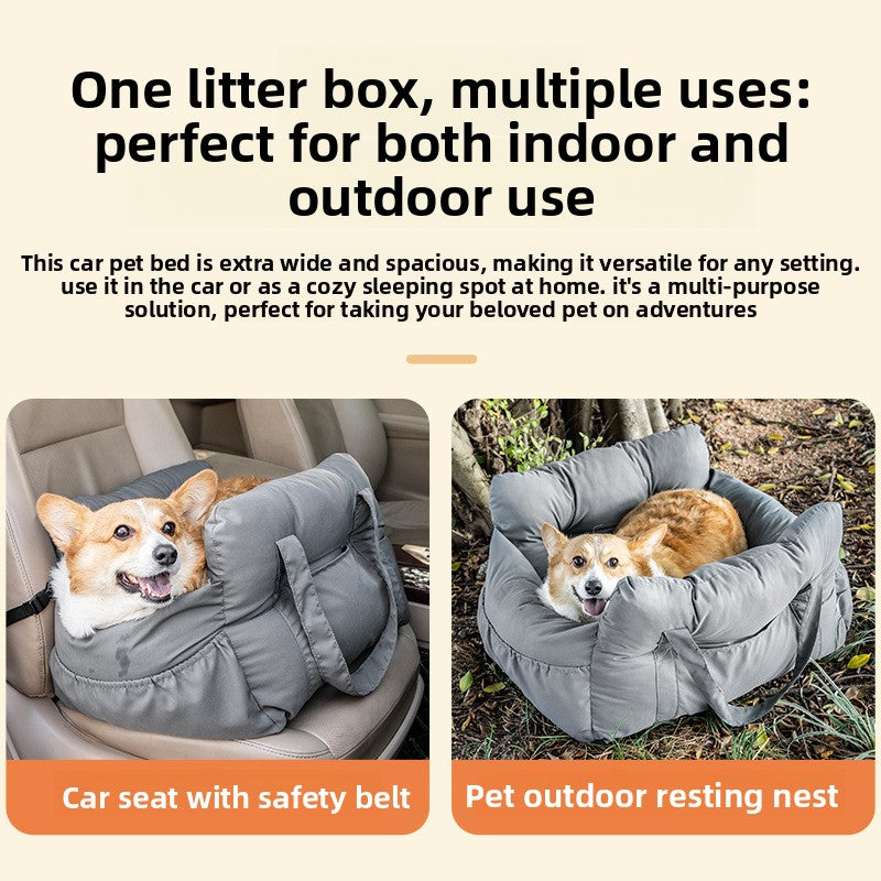 Dark grey padded dog car booster seat bed with strap, view 2