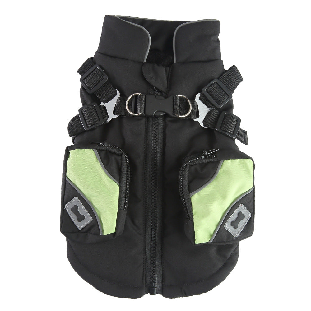 Padded dog chest jacket with zip and reflective straps, in use with a pet