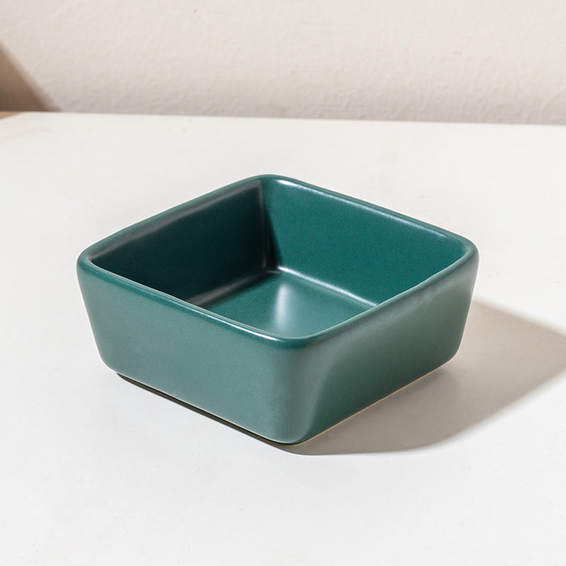 Square ceramic pet dishes on a raised bamboo feeding tray, view 7