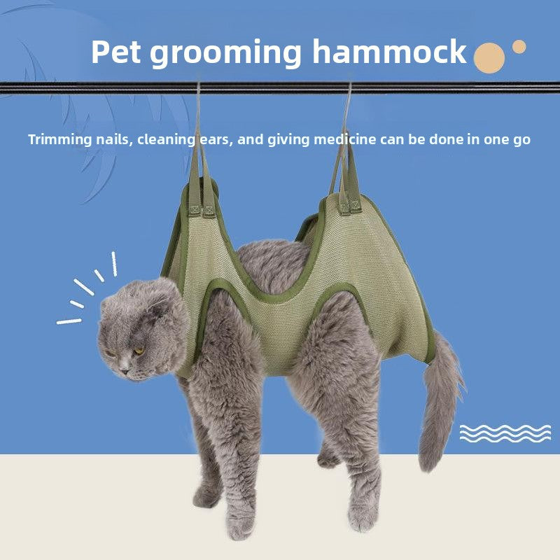 Pet grooming hammock with hanging hook in green