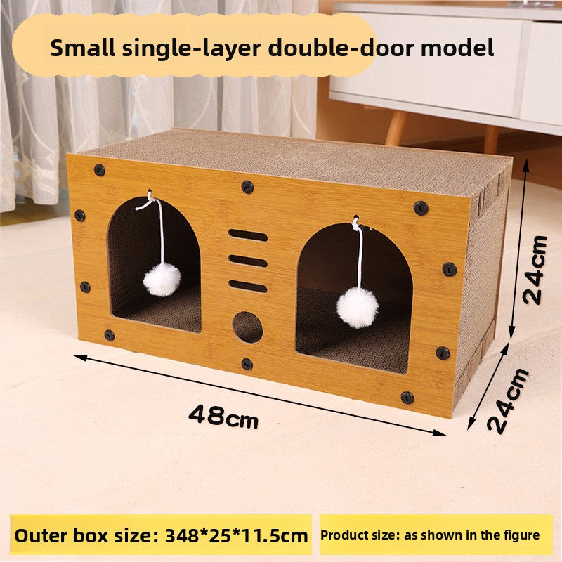 Corrugated cardboard cat scratcher house and den, full product photo