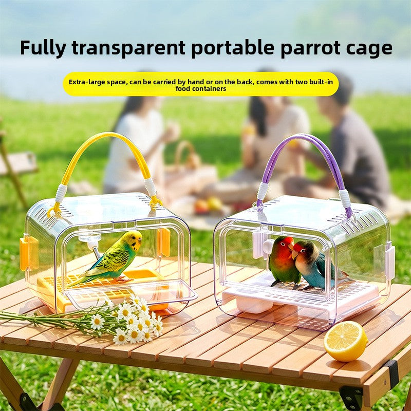 Clear portable bird travel cage with purple trim, view 1